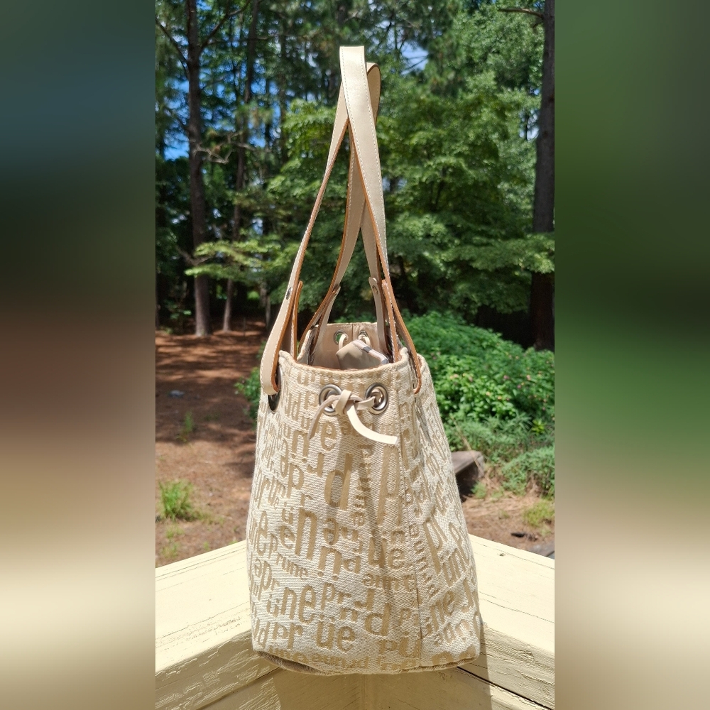 Prune Logo Print Soft Cream/Tan Canvas & Tan Leather Trim Shoulder Bag - Picture 4 of 15